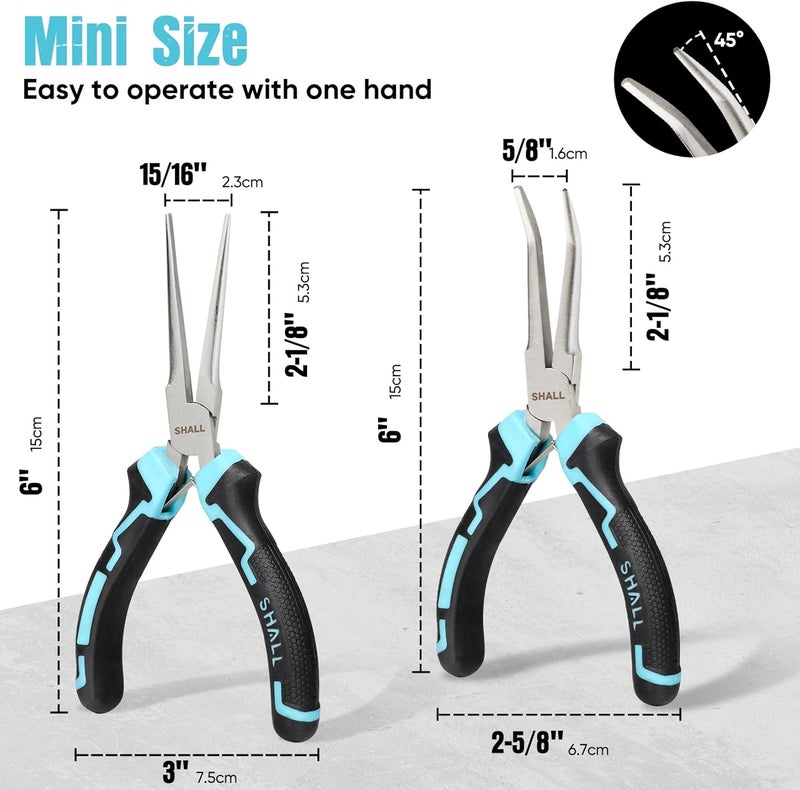 SHALL 6" Mini Needle Nose Pliers Set, 2PCS Long Nose Pliers & Bent Nose Pliers with Comfort Grip Handles, Non-Serrated Small Needle Nose Pliers for Jewelry Making, Bending Wire, Crafts, Home Repair - Image 2